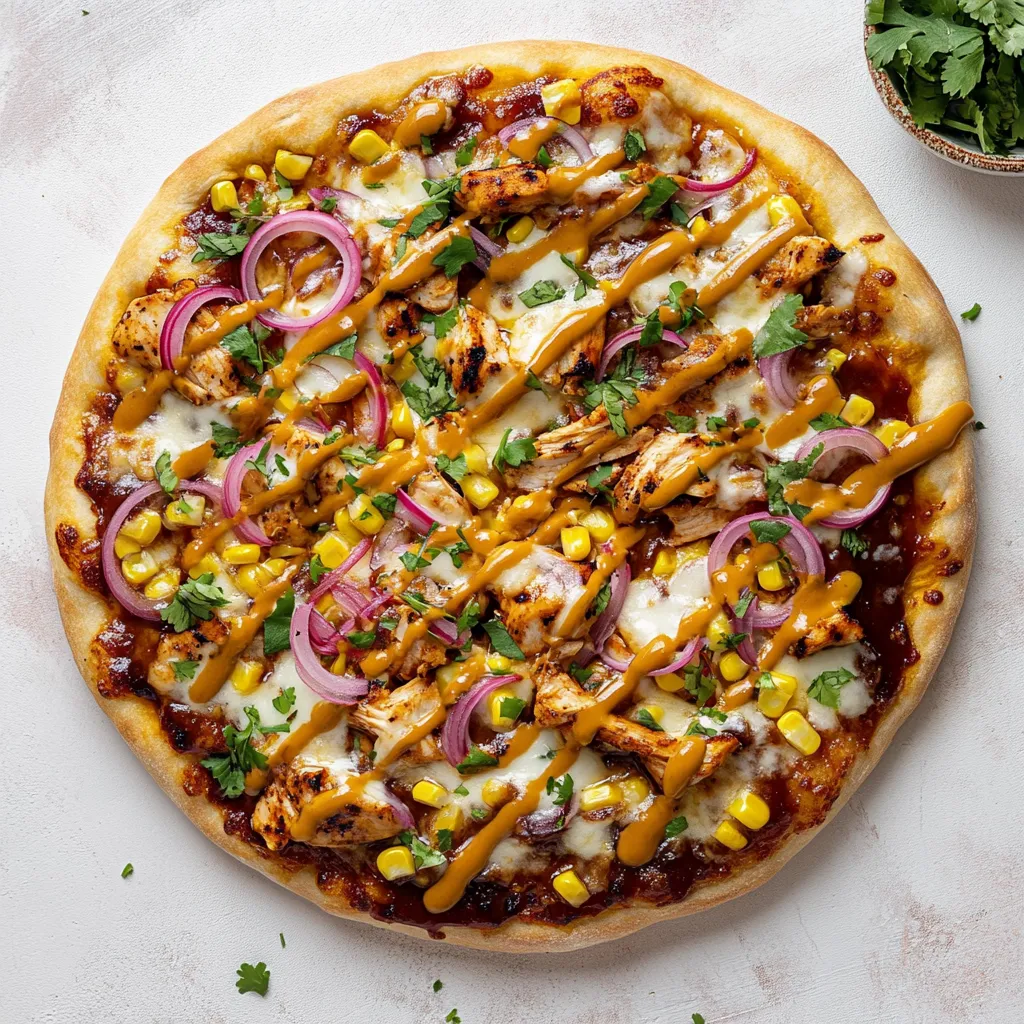 Gegrillte Sommer-BBQ-Hähnchenpizza mit Mais und Ranch-Dressing