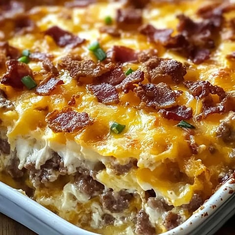 Deftiger Frühstücksauflauf mit Kartoffeln, Käse & Geflügelwürstchen